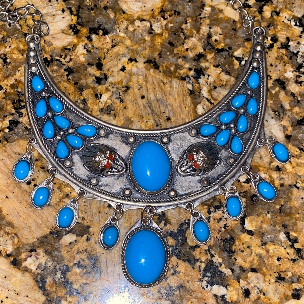 Vintage Southwestern Style Turquoise Bib Statement Necklace Silver